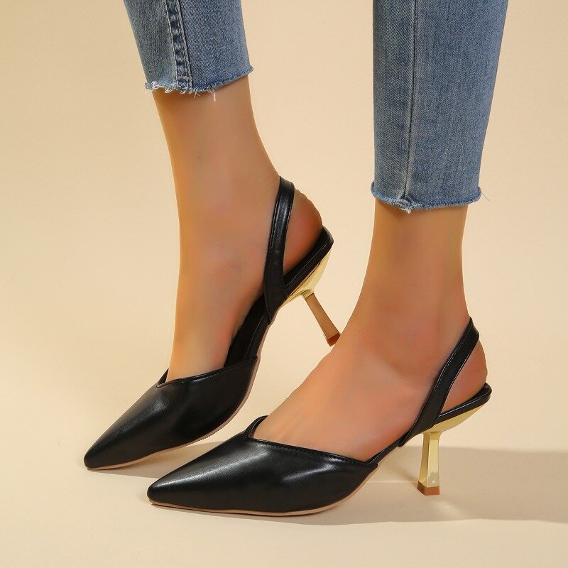 Sandal wanita hak tinggi, sandal kulit PU ujung lancip seksi warna polos elegan, sandal Baotou gaya baru musim panas