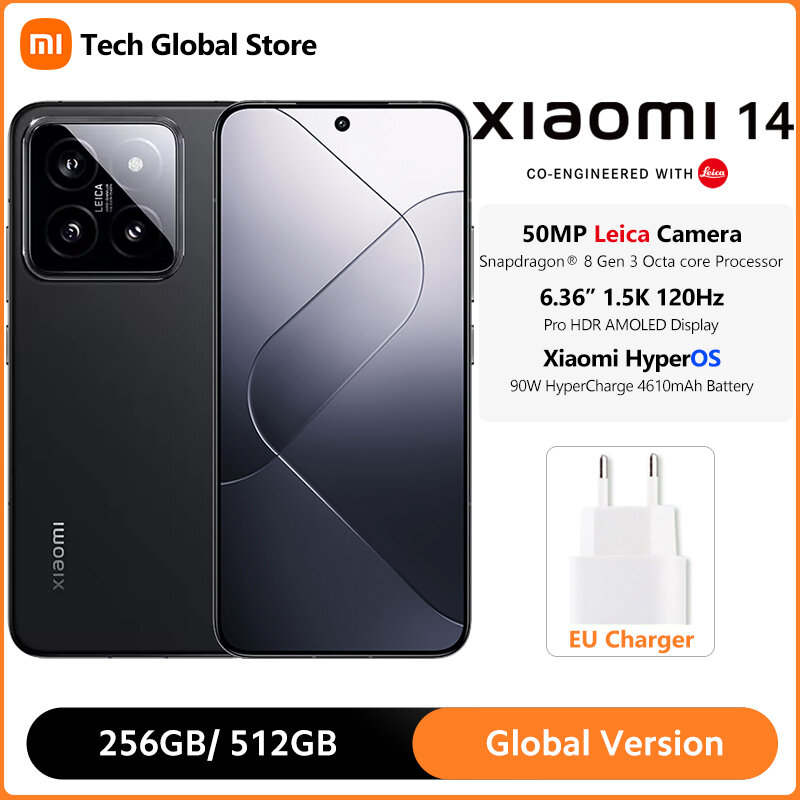 Xiaomi-Mi 14 Smartphone, Versão Global, 5G, Snapdragon®Leica Camera 8 Gen 3, 50MP, 6,36 ", 120Hz, Tela AMOLED de 1,5 K, HyperCharge 90W, Câmera