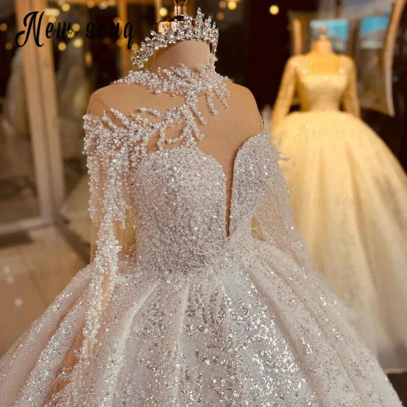 Gaun pernikahan, Glitter manik-manik penuh renda applique leher mutiara lengan panjang gaun pengantin ukuran Plus