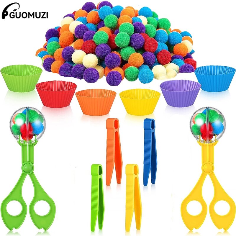 Children Counting And Sorting Toys Set Pom Poms Rainbow Colors Plastic Bowls Tweezers Fine Motor Skill Chidlren Learning Toys