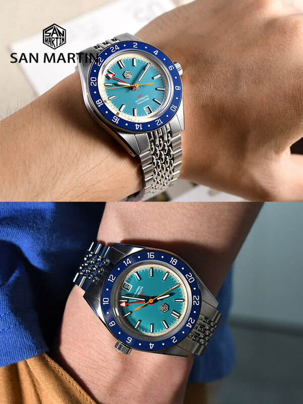 سان مارتن التصميم الأصلي الموضة GMT 39.5 مللي متر الرجال الرياضة ساعة اليابان NH34 التلقائي الميكانيكية مقاوم للماء 100 متر SN0116 Reloj