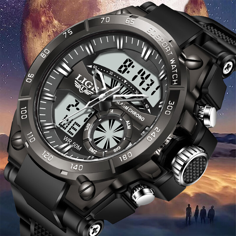 Часы наручные LIGE Мужские кварцевые с двойным дисплеем, модные брендовые спортивные водонепроницаемые в стиле милитари, с будильником, 50 м