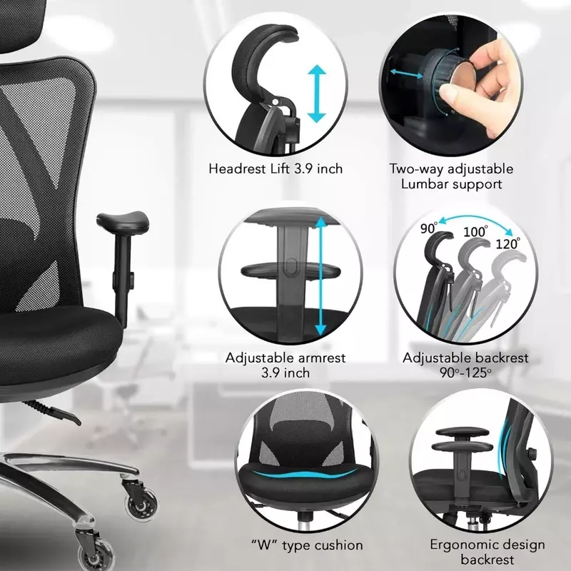 Silla de oficina ajustable, mesa y silla con soporte de cintura y rodillos, respaldo alto con malla transpirable