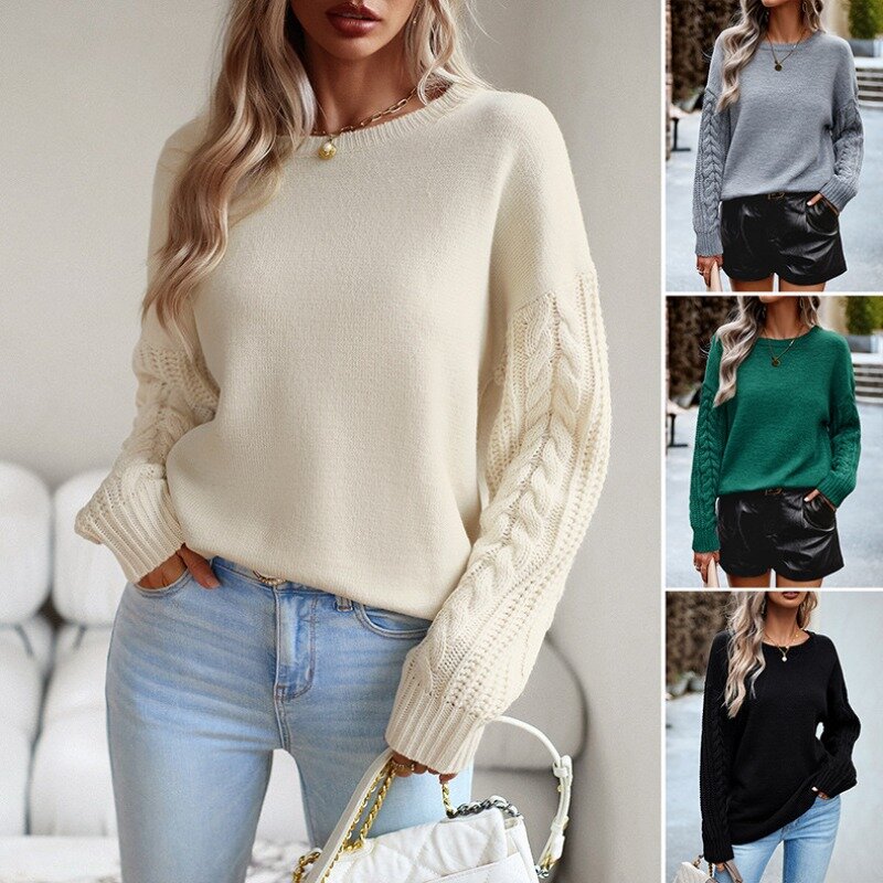 Long Sleeved Solid Color Knitted Round Neck Sweater 2023 Autumn/Winter New Women's Clothing Temperament Elegant Knitwear Top