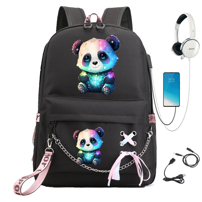 여아 배낭 학교 가방 백팩, 어린이 십대 학교 가방, 1 차 백팩, 다채로운 팬더 애니메이션, 카와이 책가방