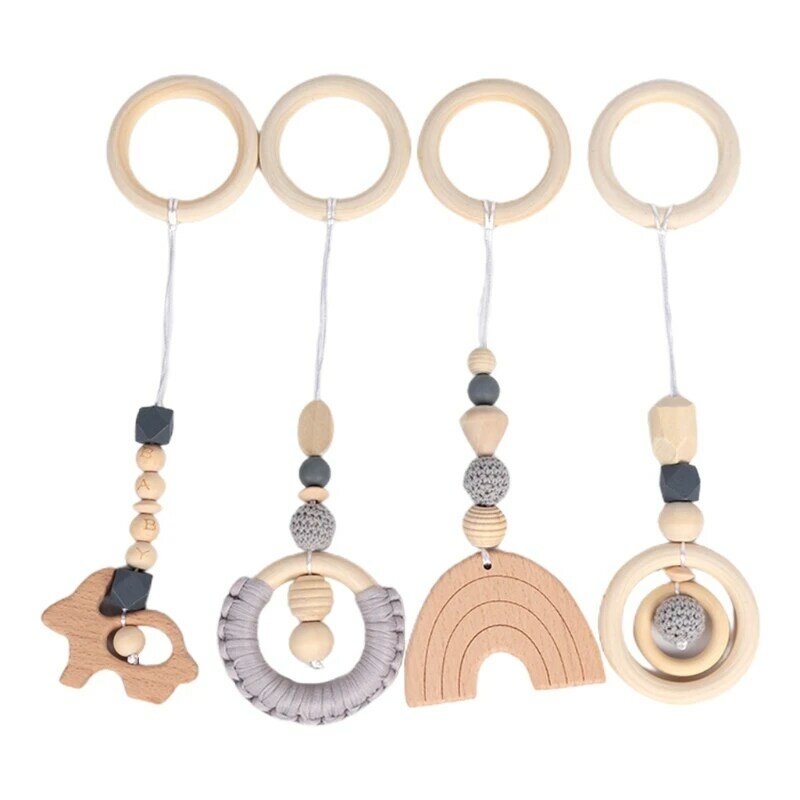4Pcs Baby for Play Gym Frame Pendants Newborn Wooden Beads Ring Teether Molar Ra