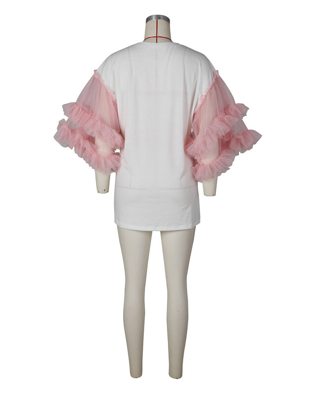 BWQ Women Mesh Ruffles Flare manica lunga Patchwork o-collo t-shirt Style Dress 2023 Street Fashion abiti da sera