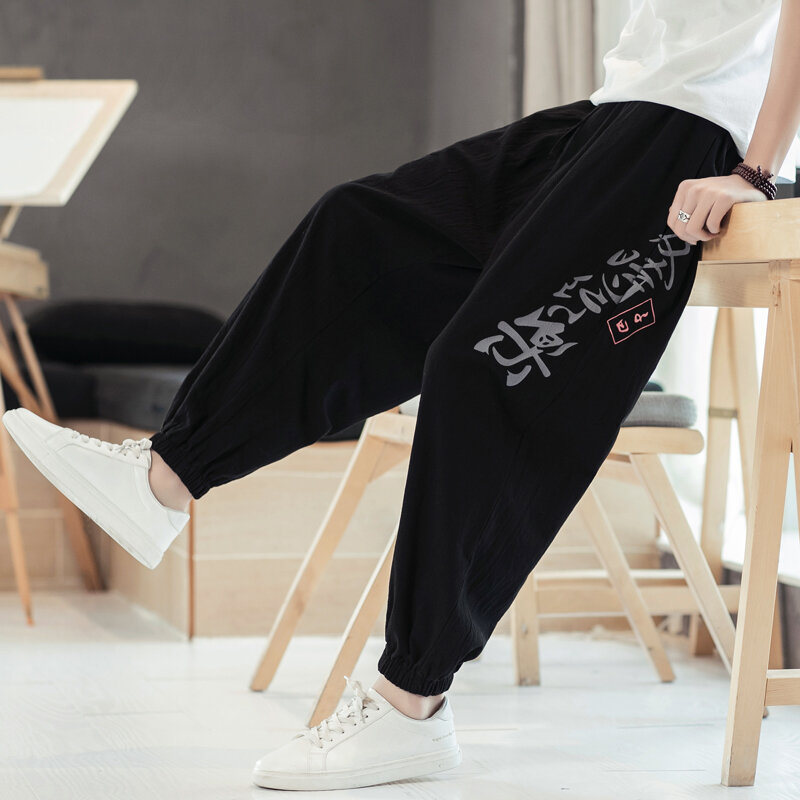Pantaloni Casual larghi in stile cinese per uomo pantaloni alla caviglia in lino di cotone primavera estate pantaloni Hallen con stampa di caratteri cinesi