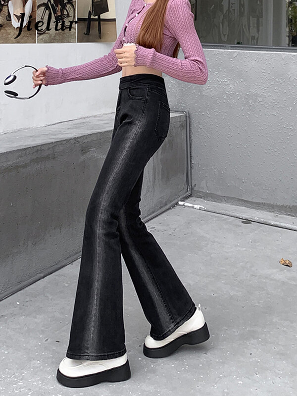 Jielur gradiente jeans preto nova moda elástico apertado encaixe ol flare calças femininas de cintura alta calças jeans fino feminino S-XL