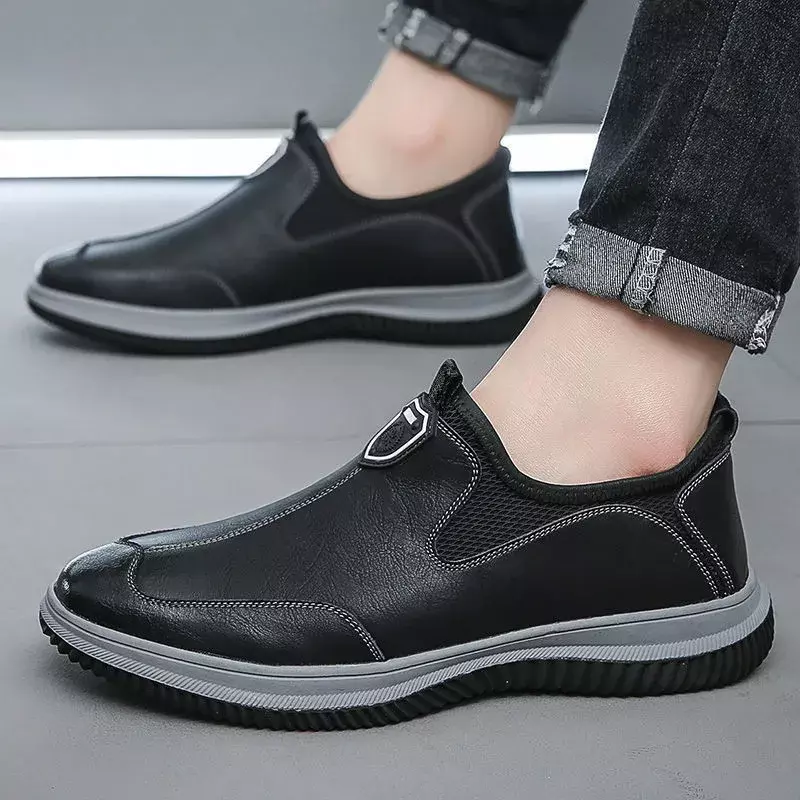 Musim semi sepatu pria kulit asli sepatu jahit pria kasual sepatu kulit bersirkulasi Platform sepatu loafer untuk pria 2024 baru