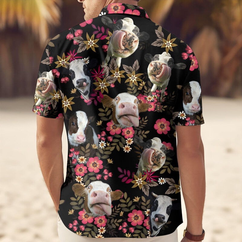 꽃무늬 암소 남성 셔츠, 하와이안 셔츠, 3D 프린트, 재미있는 셔츠, 오버사이즈 휴가 캐주얼 Y2k 탑 라펠