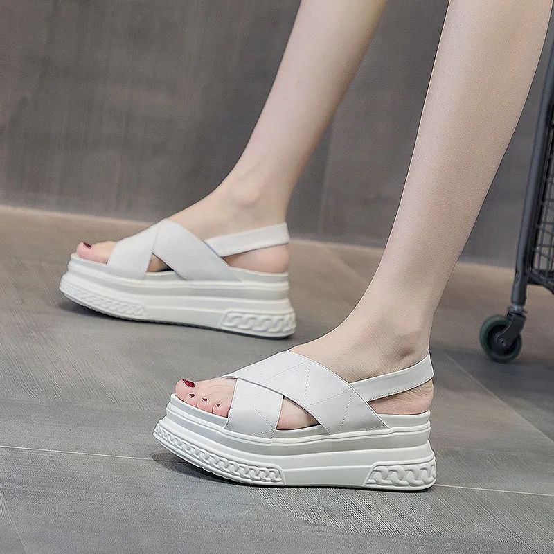 Sandalias de plataforma de 7cm de alta calidad para Mujer, zapatos de cuña de cuero genuino de vaca completo, zapatos de playa, Sandalias de verano