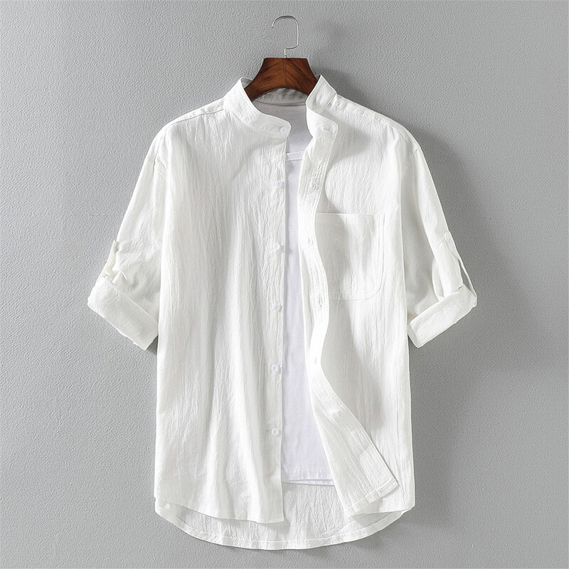Top camicia a maniche corte Daily 1 pz cotone lino manica a cinque punte risvolto M-5XL colletto alla coreana uomo moda comoda maschile