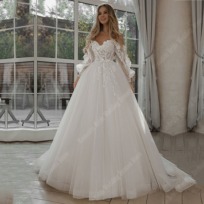 우아한 연인 칼라 여성 웨딩 드레스, 밝은 명주 그물 신부 가운, 걸레질 길이 레이스 공주 2024