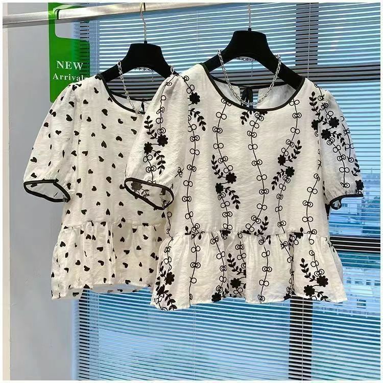 2024 Women Summer New Printed Floral Chiffon Shirts Female Short Sleeve Pullover Blouses Ladies O-neck Loose Shirt Tops F50
