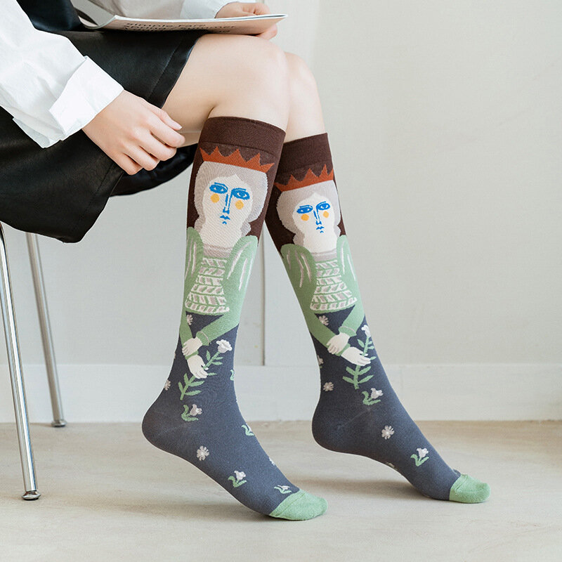 Baumwolle Retro Stil Ölgemälde Abstrakte Bein Medias Lange Socken Frauen Über KneeThigh Hohe Strümpfe Damen Mädchen Warme Knie Socken