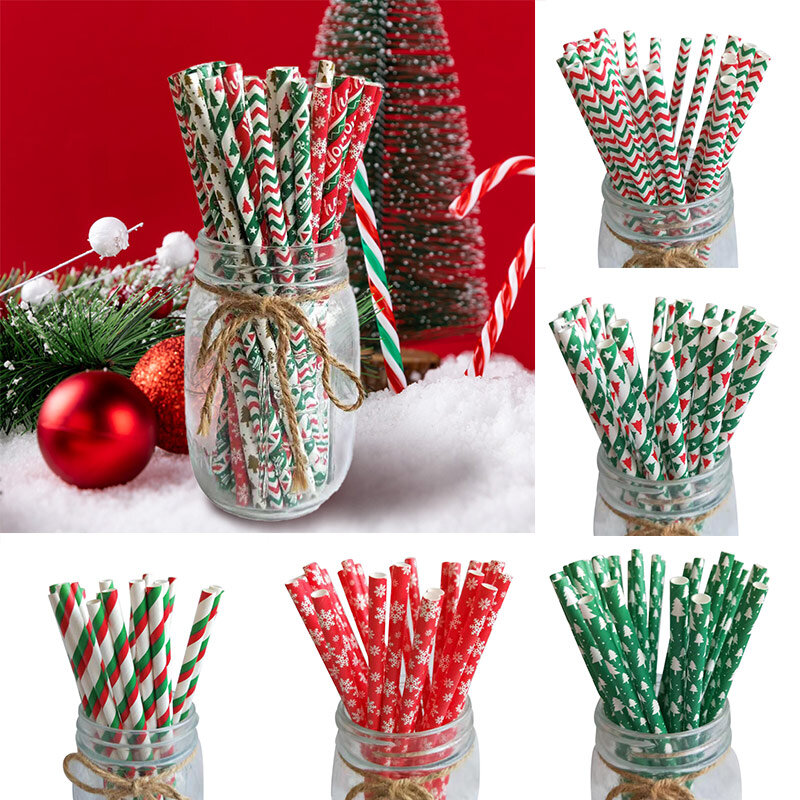 25Pcs Christmas Paper Straw Multi-Colored Print Disposable Paper Drinking Straws Home Xmas New Year Party Supplies