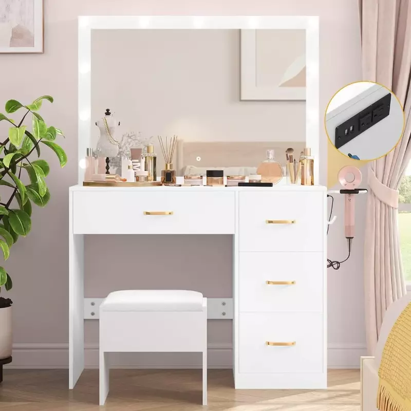 真珠の白い化粧台セット,3色の照明モード,鏡,拡大鏡,家具
