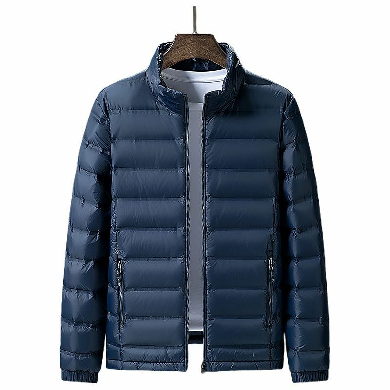 男性用の非常に軽い冬用ジャケット,スタンドカラー,白いダックダウンコート,無地,暖かいアウター,H416,2023