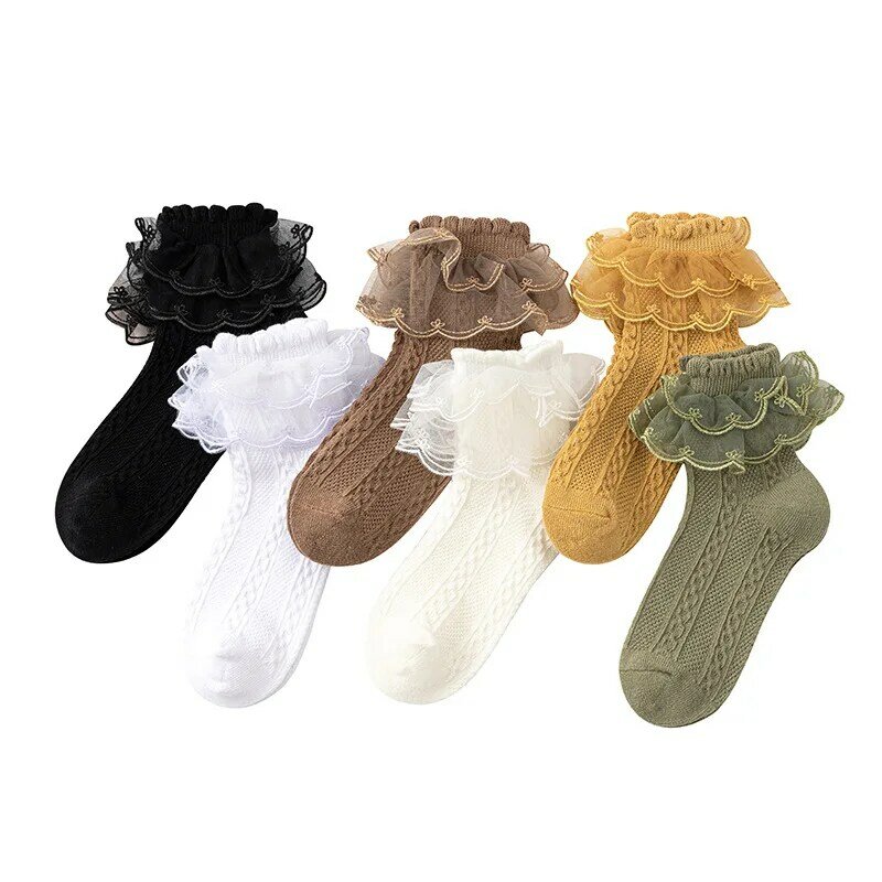 1 Paar Rüschen Spitzens ocken für Frauen Mädchen japanischen Stil Harajuku Socken einfarbige weiche atmungsaktive Baumwoll socken Crew Socken
