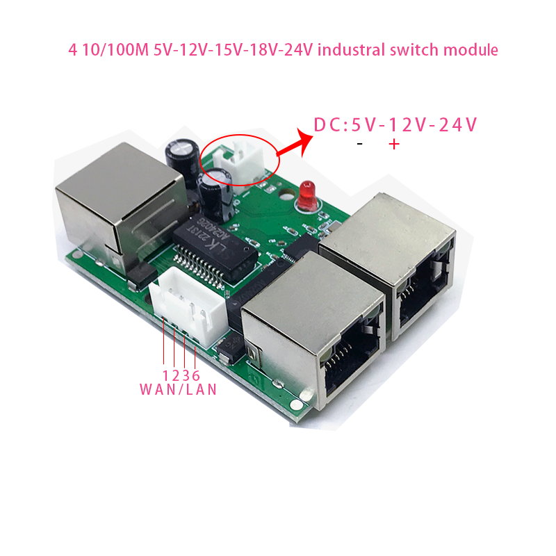 Mini PCBA Módulo de interruptor ethernet, Networkmini, 4 puertos, 10/100Mbps, 5V, 12V, 15V, 18V, 24V