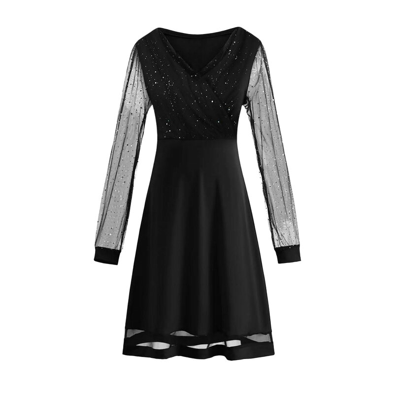 Sexy Dresses For Women Long Sleeve V Neck Mesh Glitter Sparkly Sequins A-Line Party Dress Formal Dresses For Curvy Women