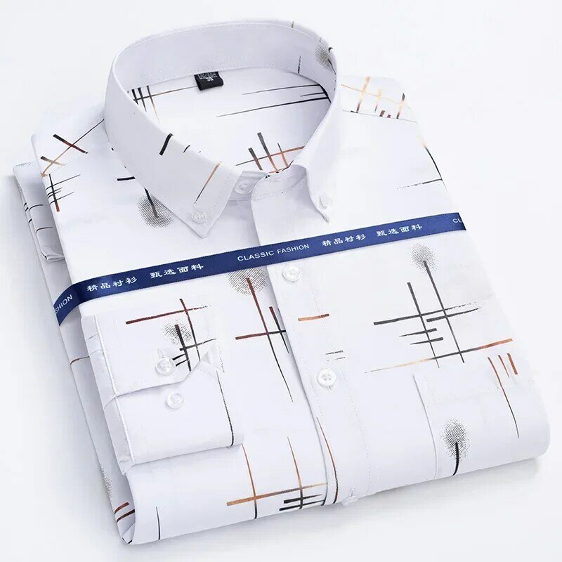 2024 Men's Dress Shirts Casual Print Thin Plaid Slim Fit Spring Autumn  Non-iron Anti-wrinkle Business  Chemise Homme