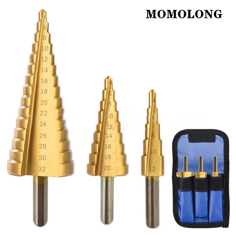 4-12mm 4-20mm 4-32mm strumenti di perforazione per punte da trapano 3 pz/set metallo acciaio ad alta velocità taglierina per fori per legno cono Drill titanio di alta qualità