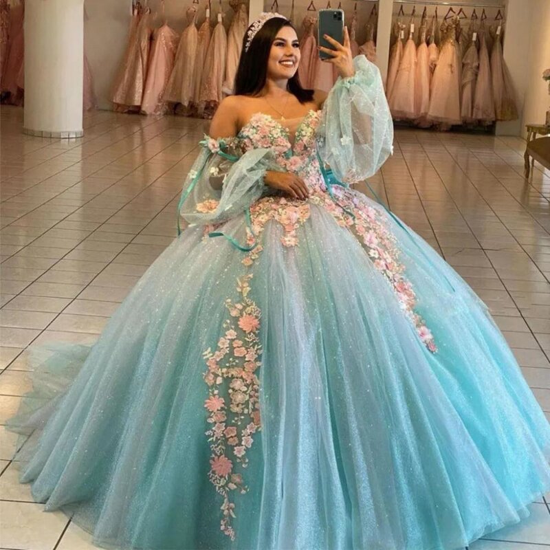 Anmutig von der Schulter Quince anera Kleider bunte 3d Blume Ballkleid funkelnd süß 16 Jahre Prinzessin Kleid Vestidos de Anos