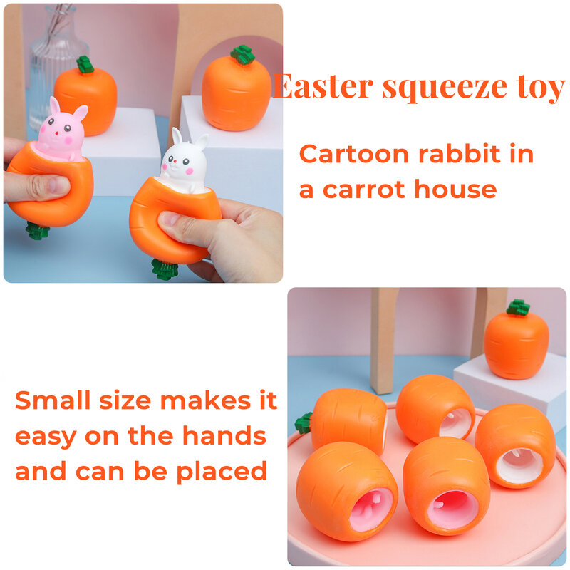 Conejo de Pascua de 6 piezas para niños y adultos, juguete para apretar, zanahoria, alivio del estrés