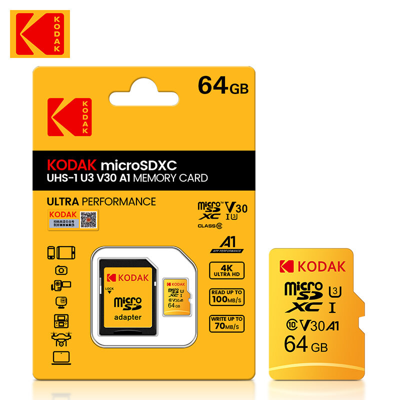 KODAK-Cartão de Memória Ultra com Adaptador, 64GB, A1, U3, 4K Micro SD, SDHC Microsd, UHS-I, C10, TF, Performance Flash, Minisd Original com Adaptador