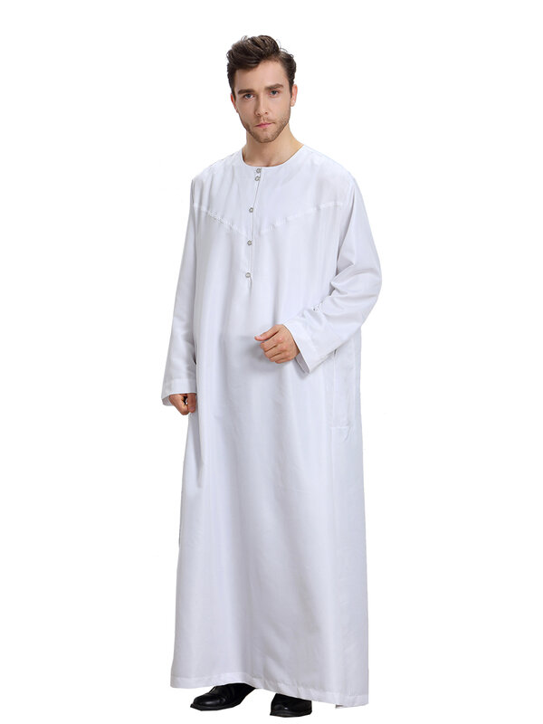 Jubah Muslim warna polos untuk pria, jubah berkancing kerah bulat lengan panjang untuk pria dan wanita, pakaian Thobe Ramadan Lebaran