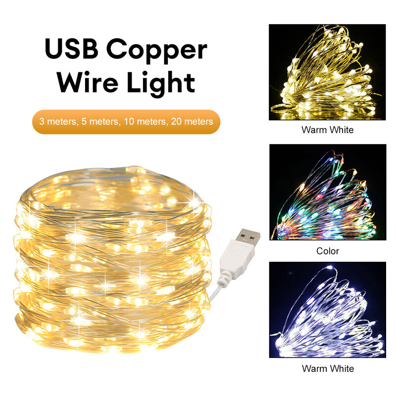 3m/5 متر USB LED سلسلة أضواء النحاس الفضة سلك جارلاند ضوء مقاوم للماء الجنية أضواء عيد الميلاد حفل زفاف الديكور الإضاءة