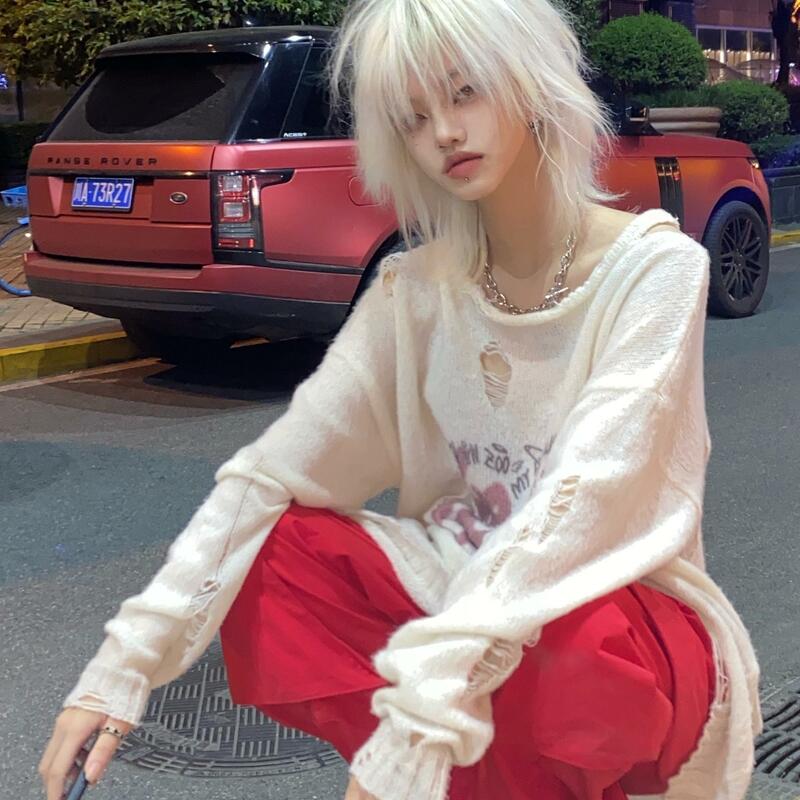Y2k ragazza punk ventaria design a strappo love graffiti maglione primavera casual top allentato top pullover con stampa Harajuku