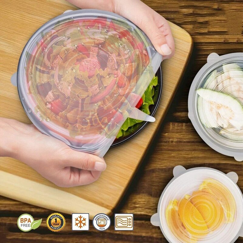Tapas de silicona adaptables para alimentos, cubiertas elásticas universales para platos, accesorios de cocina para latas, 6 piezas