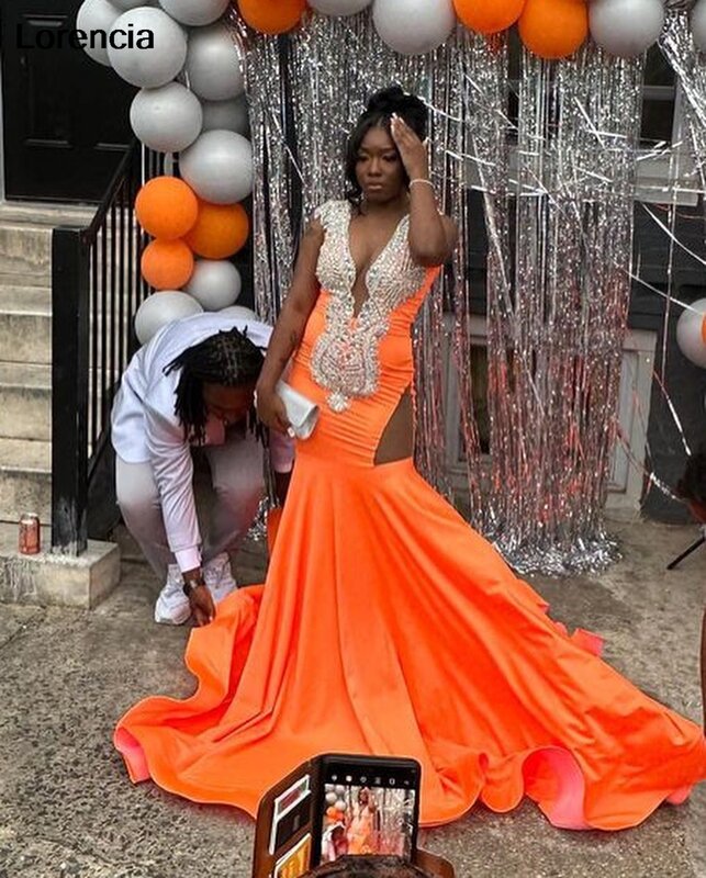 Lorencia Sparkly Orange Sequins Mermaid Prom Dress For Black Girls 2024 Beading Crystal Formal Party Gown Robe De Soiree YPD91