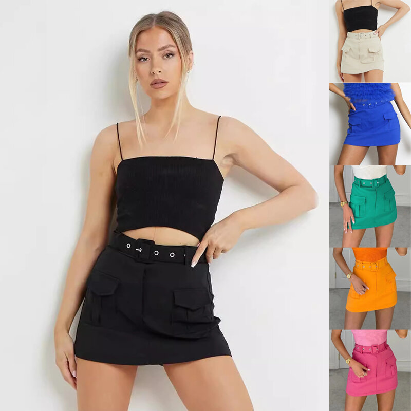 Summer New High Waist Fashion Pocket Mini Skirt Women Y2K Candy Colored Party Shorts Skirt Ladies Chic Trend Streetwear