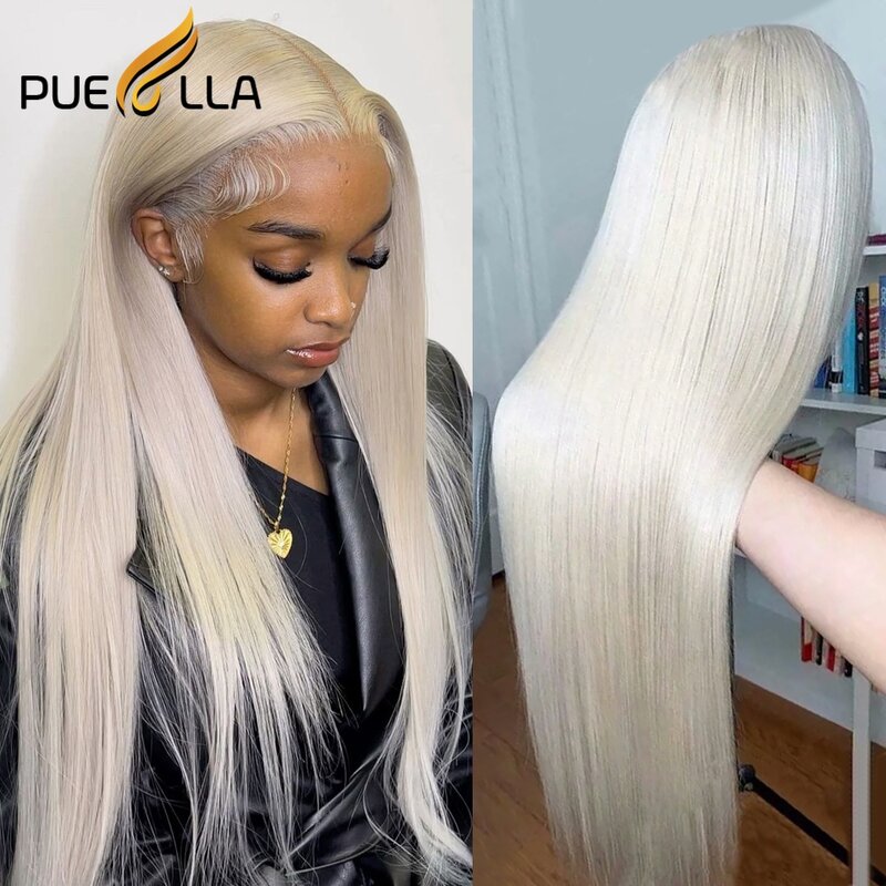 Straight Platinum Blonde Colored 13X4 Lace Front Wig Remy Human Hair Preplucked Transparent HD Lace White T Part Frontal Wigs
