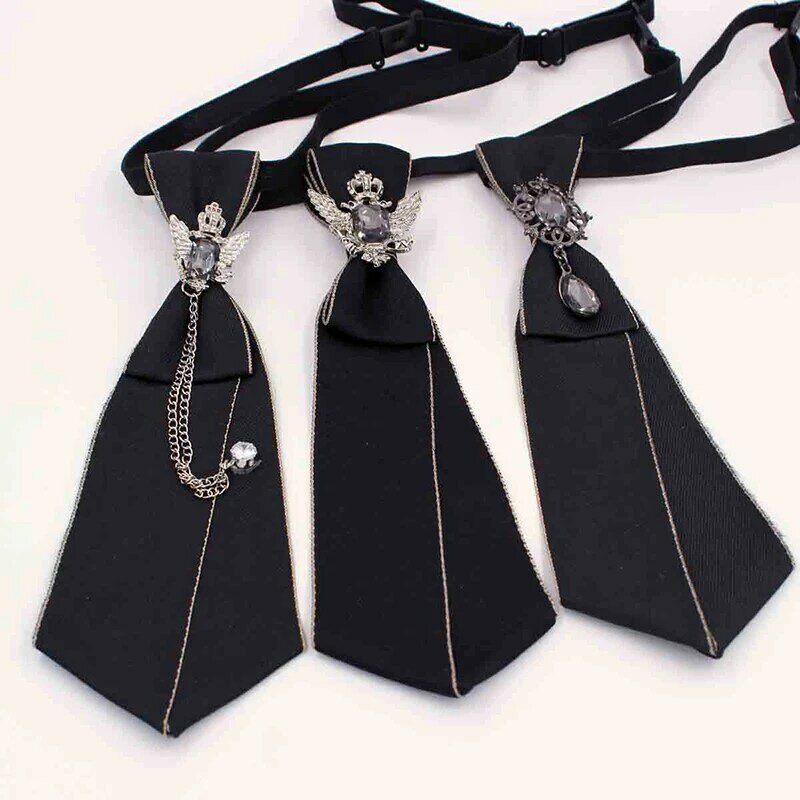 Czarny punkowy krawat gotycki metalowy łańcuszek kryształowy wisiorek biżuteria muszka wieczorowa regulowana wiązana koszula JK dekoracja muszka