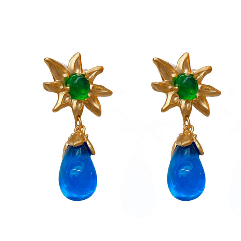 Medieval Vintage Sunflower Resin Waterdrop Drop Earrings for Women Light Luxury Temperament Party Jewelry