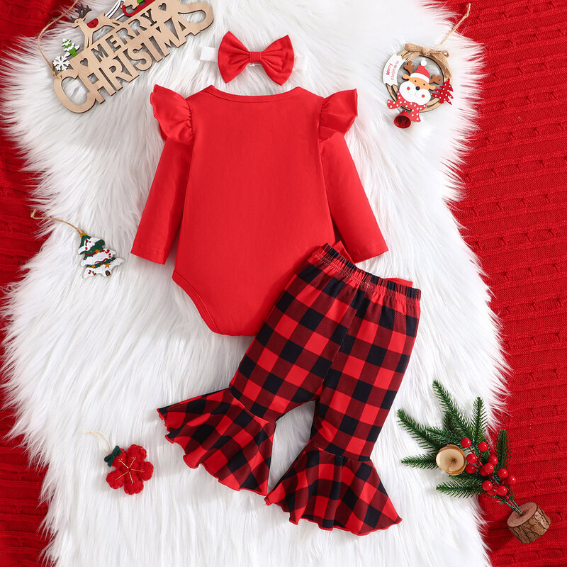 New Christmas Newborn Boys Girls Clothes Set Infant Toddler Baby Long Sleeve Bodysuit + Pants + Headband Cotton Clothing Suit