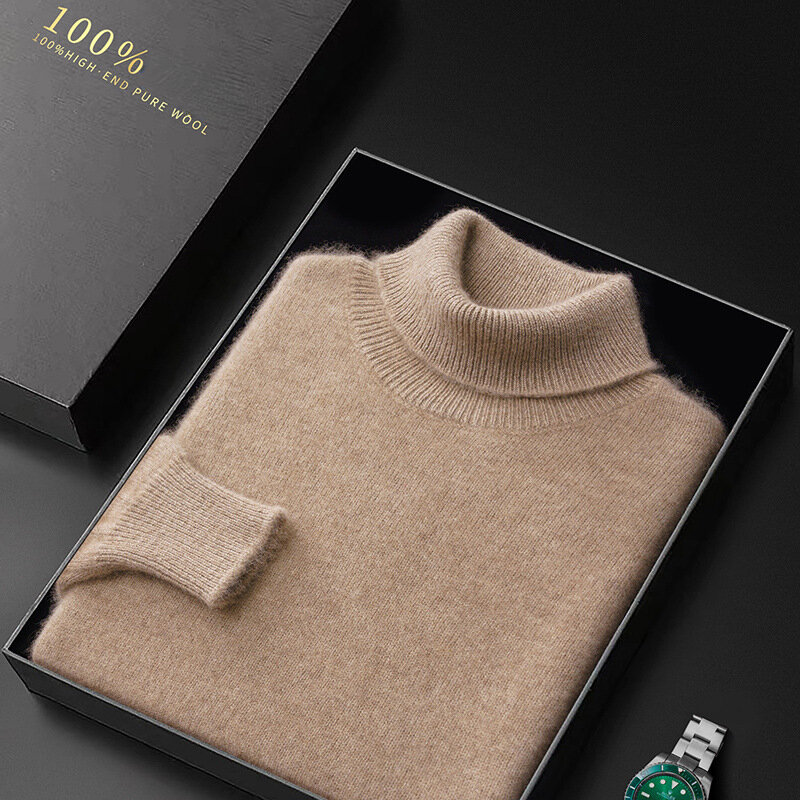 Pullover rajut wol tebal pria, Sweater bisnis rajut hangat longgar Pria Turtleneck klasik mode Solid kualitas tinggi musim dingin