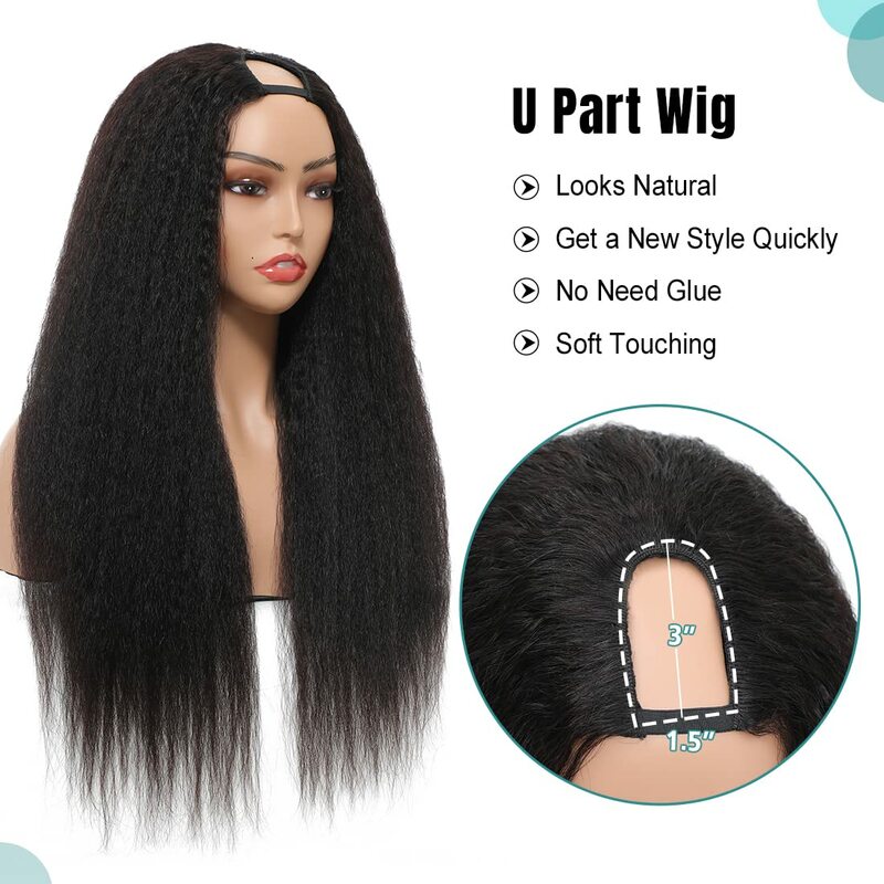 Glueless Kinky Straight U Part Human Hair Wigs Natural Black Full Yaki Straight Wig With No Leave Out U Part Wigs Human Hair