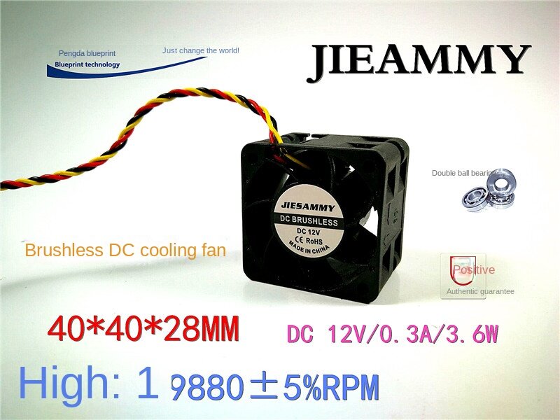 Jiesammy-Ventilador de refrigeração do servidor DC, 4cm 12V rolamento de esferas duplo, alta curva 1U, 40x40x28mm, 4028