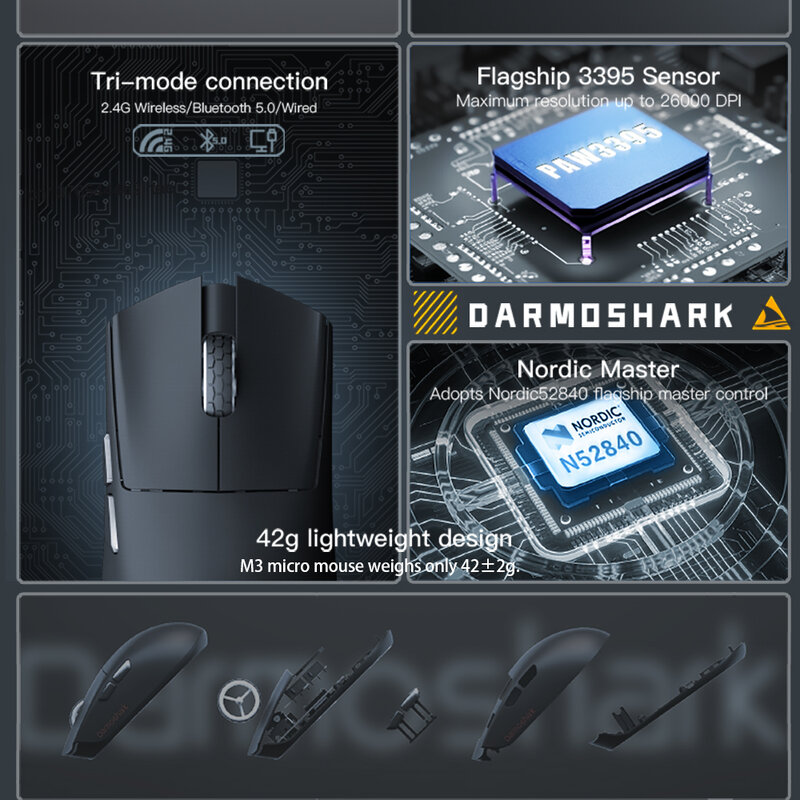 Darmoshark-Micro souris de jeu sans fil M3, 8 K, Bluetooth, pour ordinateur portable et de bureau, PAM3395, Nordic N52840, 26000 ug I