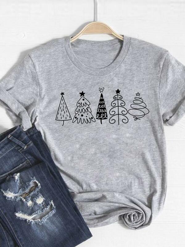 المرأة قصيرة الأكمام تي شيرت ، الرسم طباعة الملابس ، شجرة الاتجاه ، 90s الاتجاه ، عيد الميلاد ، السنة الجديدة ، الموضة الأساسية ، الملابس