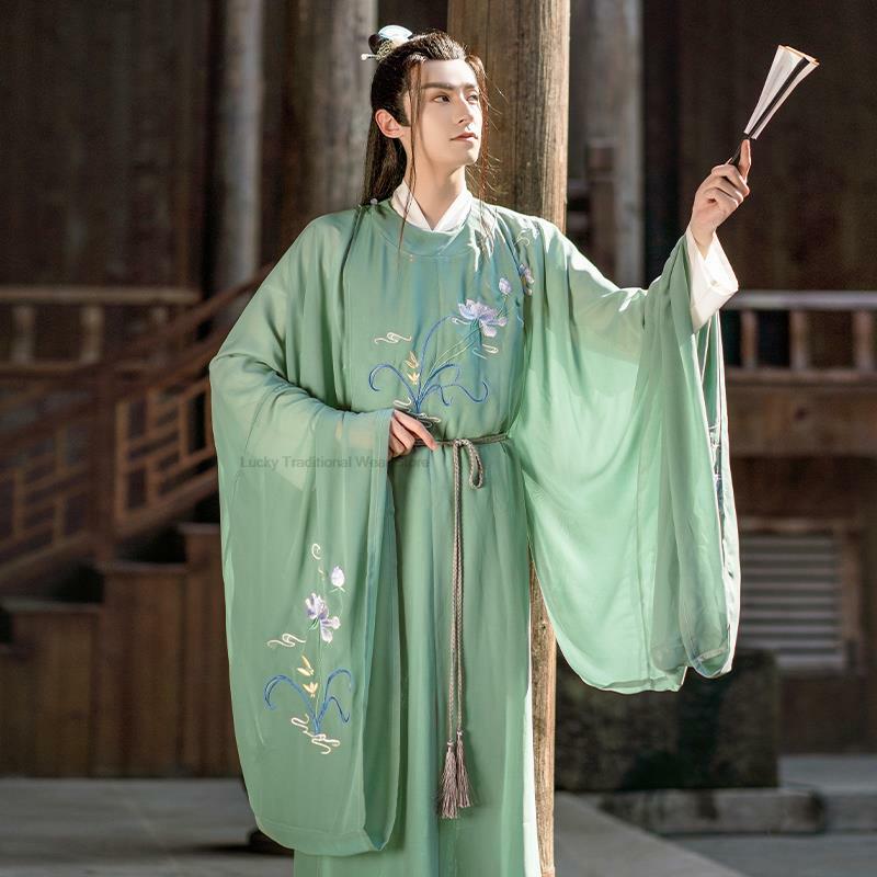 Traje antiguo de estilo chino para hombre, Túnica de cuello redondo, Hanfu tradicional, ropa de Cosplay