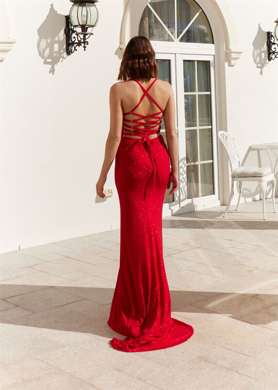 Spaghetti Strap V-neck Mermaid Evening Dress With Split Backless Lace-up Chiffon Formal Cocktail Party Sleeveless Long Prom Gown