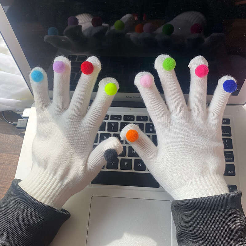 2022 jesienne i zimowe nowe rękawiczki modne kolory Pom Pom pięć rękawiczki z palcami młodzieżowe kobiety utrzymują ciepłe dziewiarskie grube rękawiczki T196