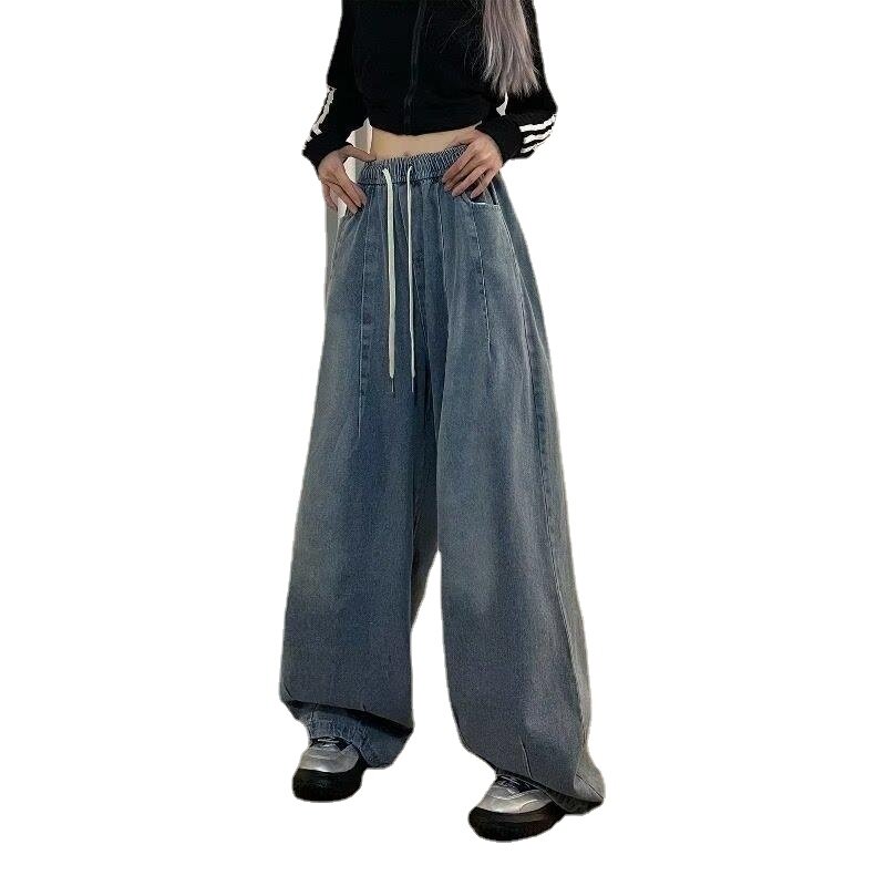 Celana jins wanita Vintage, celana jins elastis wanita, pinggang elastis, celana panjang Amerika, celana Denim kaki lebar, celana dasar lurus Y2k